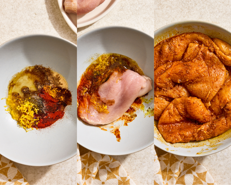 Three images side-by-side showing making the marinade then tossing the chicken in it to fully coat.