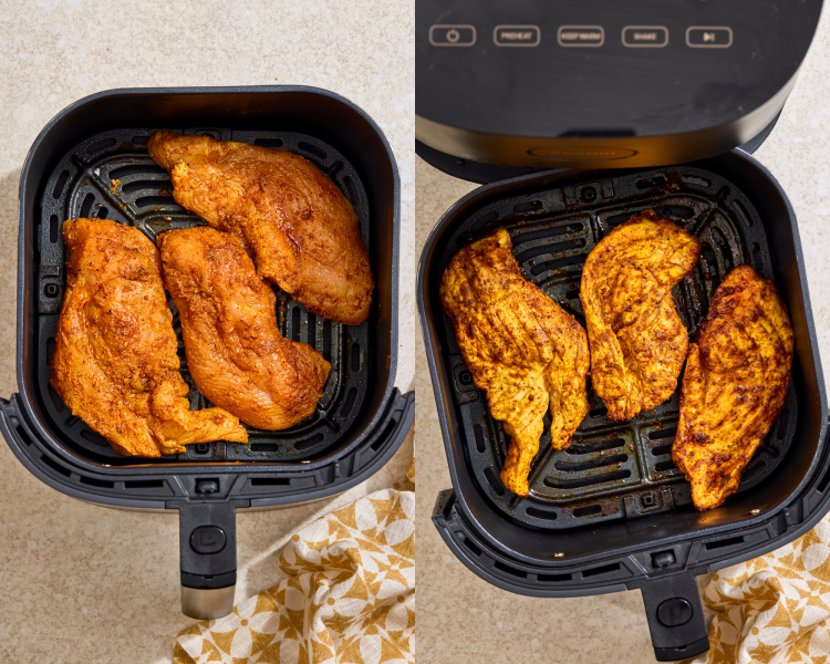 Side-by-side images of placing the chicken breasts in the air fryer then after they have cooked.