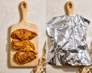 Side-by-side image of letting the cooked chicken rest on a wood cutting board and tenting with foil to lock in the juices.