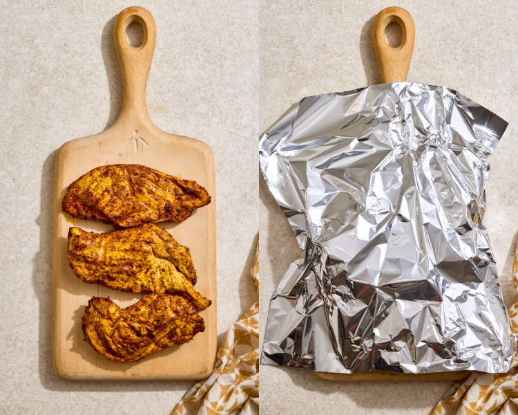 Side-by-side image of letting the cooked chicken rest on a wood cutting board and tenting with foil to lock in the juices.