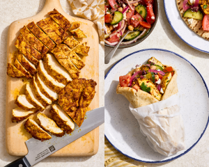 Side-by-side of slicing the chicken shawarma after resting then tucking into a pita to serve.