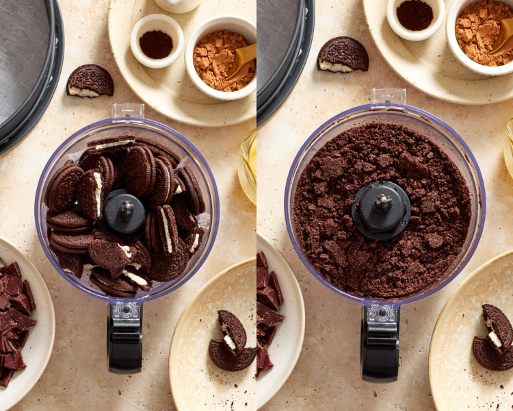 Side-by-side image of adding the Oreos to a food processor and pulsing into a fine crumb.