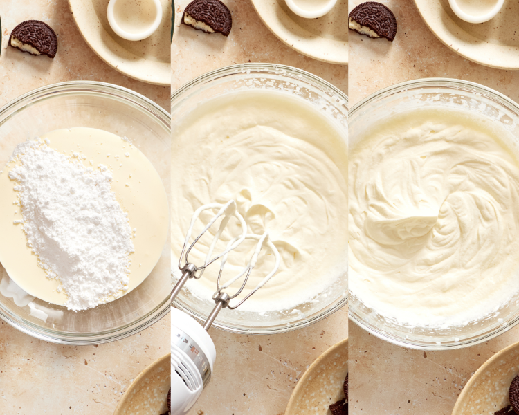Three images side-by-side showing beating the powdered sugar and heavy cream until medium peaks form.