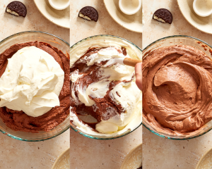 Three images side-by-side showing folding the whipped cream into the chocolate mixture.