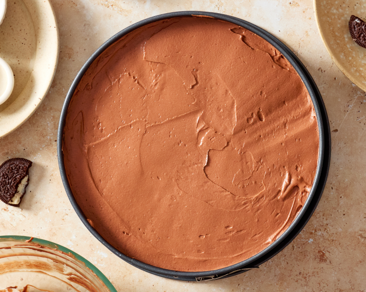 Chocolate cheesecake after refrigerating until fully set.