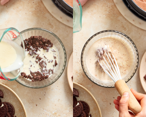 Side-by-side of adding the warm heavy cream to the semi-sweet chocolate in a small mixing bowl.