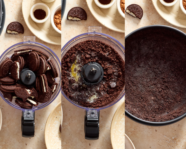 Three images side-by-side of pulsing the Oreos in a food processor, adding the butter then pressing firmly into springform pan.
