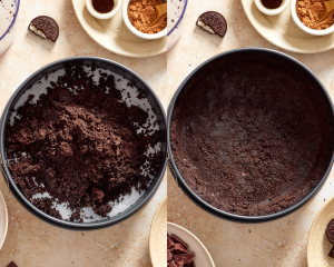 Side-by-side image of pouring the Oreo mixture into a springform pan and pressing it down into the bottom and sides before letting it chill.
