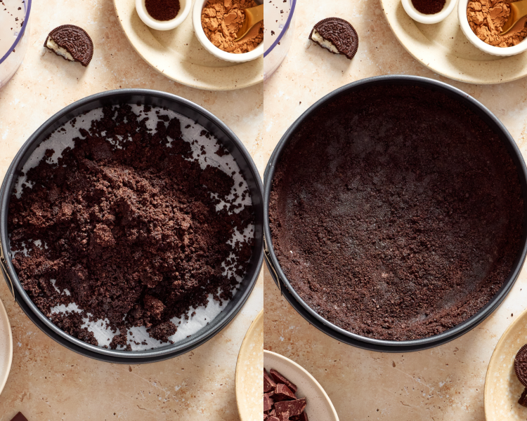 Side-by-side image of pouring the Oreo mixture into a springform pan and pressing it down into the bottom and sides before letting it chill.