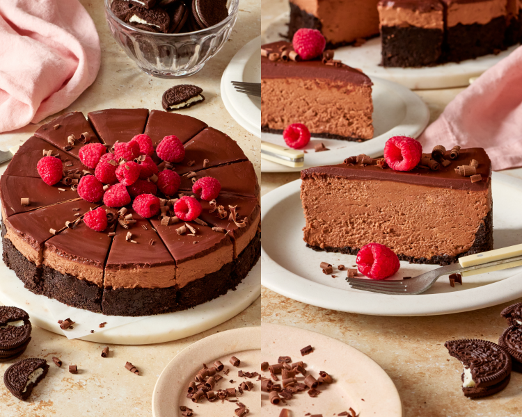 Side-by-side image of topping a cheesecake with fresh raspberries and chocolate shavings and slicing into 12 clean slices and serving one slice on a plate.