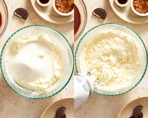 Side-by-side of adding the granulated sugar to the beaten cream cheese and mixing again.