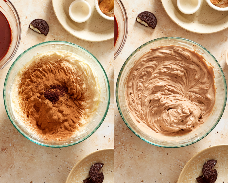 SIde-by-side image of adding the espresso powder and cocoa powder to the cream cheese and sugar mixture and mixing to combine.
