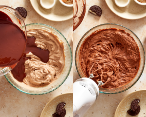 Side-by-side image of pouring the slightly cooled chocolate into the cream cheese mixture and mixing again.