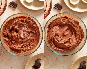 Adding the vanilla and salt to chocolate cream cheese filling and mixing to combine.
