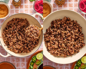 Side-by-side image of cooking rice before adding to the rest of the ingredients.