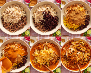 Six images showing mixing all the ingredients together for the enchilada casserole filling.