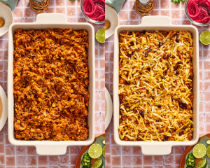 Side-by-side image showing assemble the casserole in a baking dish and topping with the remaining half of cheese before baking.