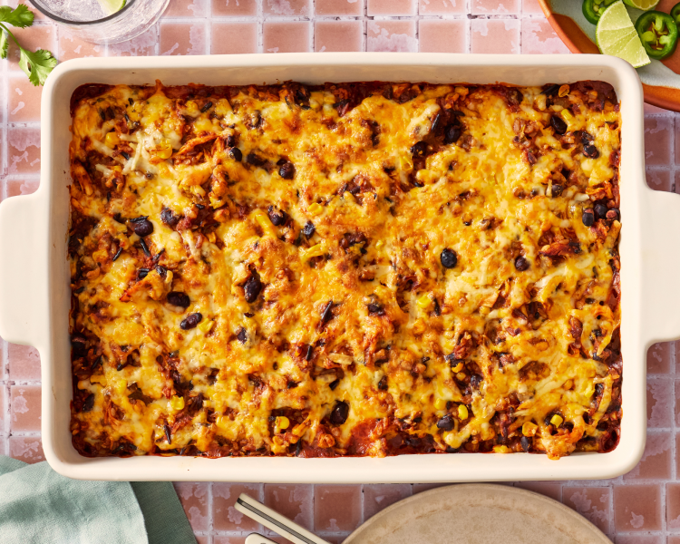 Enchilada casserole baked in 9x13 dish then broiled the last few minutes to get nice and bubbly.