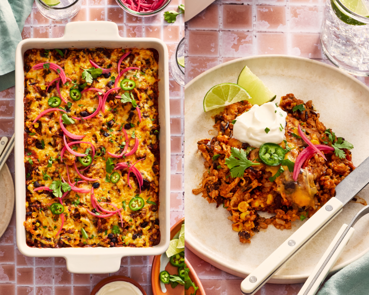 Side-by-side image of cooked enchilada casserole in baking dish garnished with pickled red onion, cilantro, jalapenos then served on a plate with a dollop of sour cream.