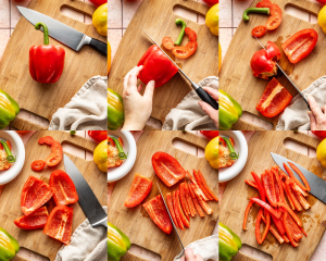 Six photos showing how to cut a red bell pepper into strips.
