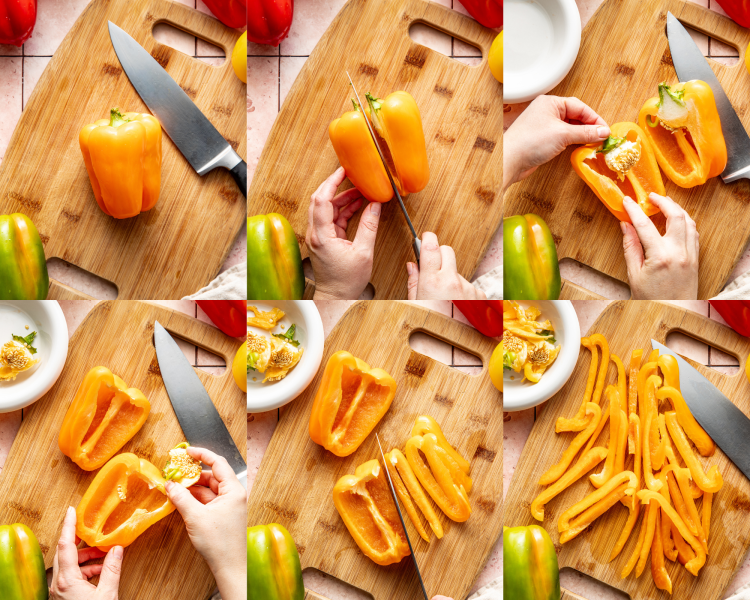 Six photos showing how to slice an orange bell pepper into strips.