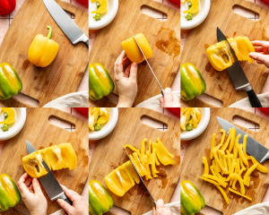 Six photos showing how to cut a yellow bell pepper using the roll and cut method.