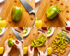 Five photos showing step-by-step how to cut a green bell pepper into rings.