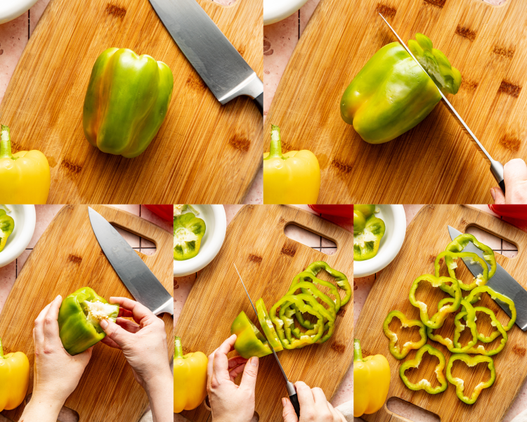 Five photos showing step-by-step how to cut a green bell pepper into rings.