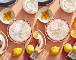 Side-by-side image of whisking dry ingredients together for ricotta cake.