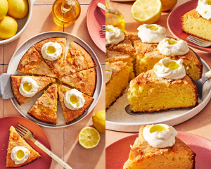 Side-by-side image of olive oil cake baked, sliced and topped with whipped ricotta topping them a cake slicer picking up one piece of cake.