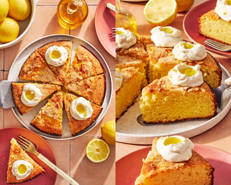 Side-by-side image of olive oil cake baked, sliced and topped with whipped ricotta topping them a cake slicer picking up one piece of cake.