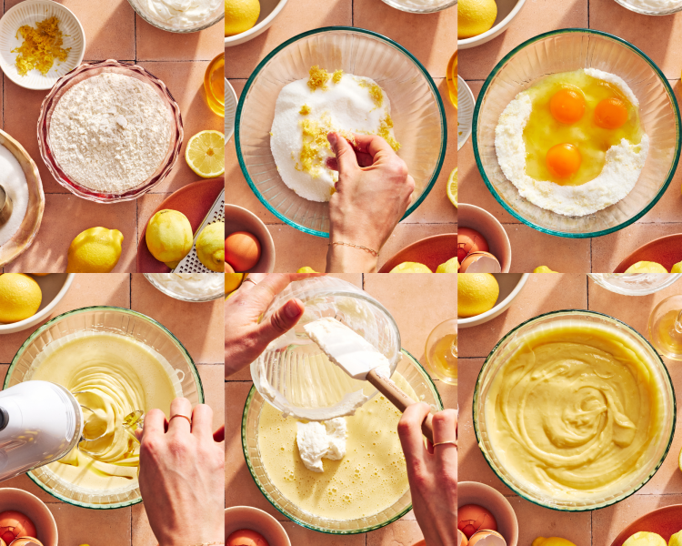 Six images showing how to combine the wet and dry ingredients separately before mixing them together.