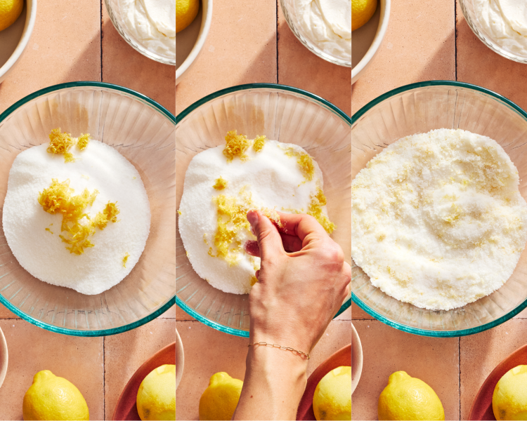 Three images side by side, infusing the sugar with the lemon zest by rubbing it together with your fingers.