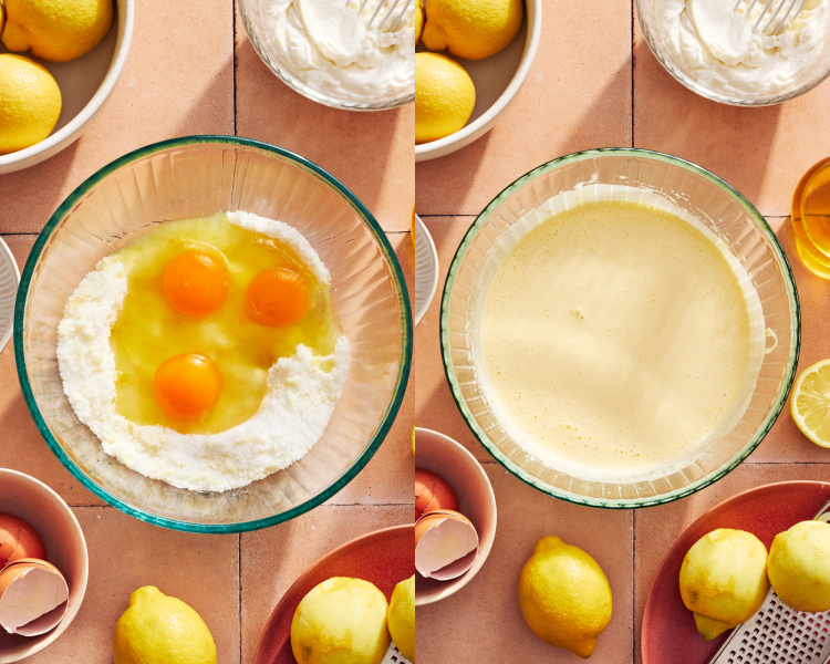 Side-by-side image of beating the three eggs with the lemon sugar mixture.