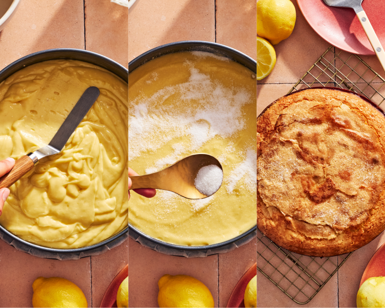 Three images showing pouring the batter and smoothing it in a pan, adding the granulated sugar, then baking the cake and letting it cool on a wire rack.