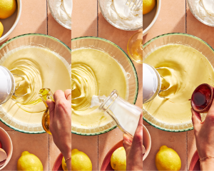 Three images showing mixing in the olive oil, milk, lemon juice, and vanilla extract.