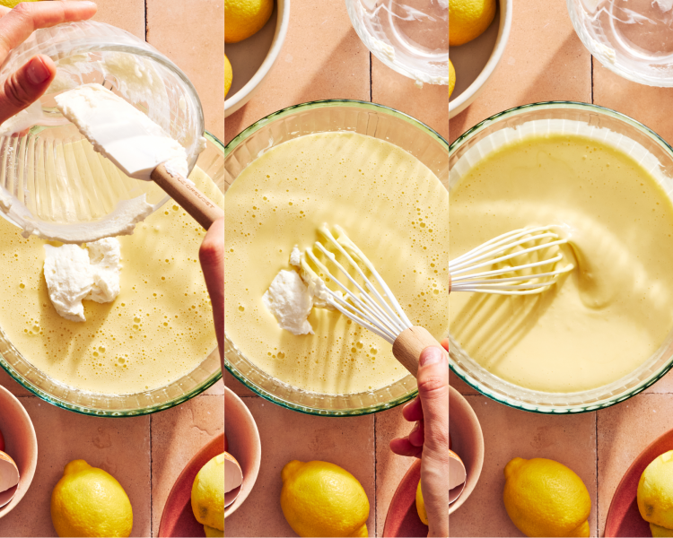 Three images side by side showing mixing in the whipped ricotta into the wet ingredients.