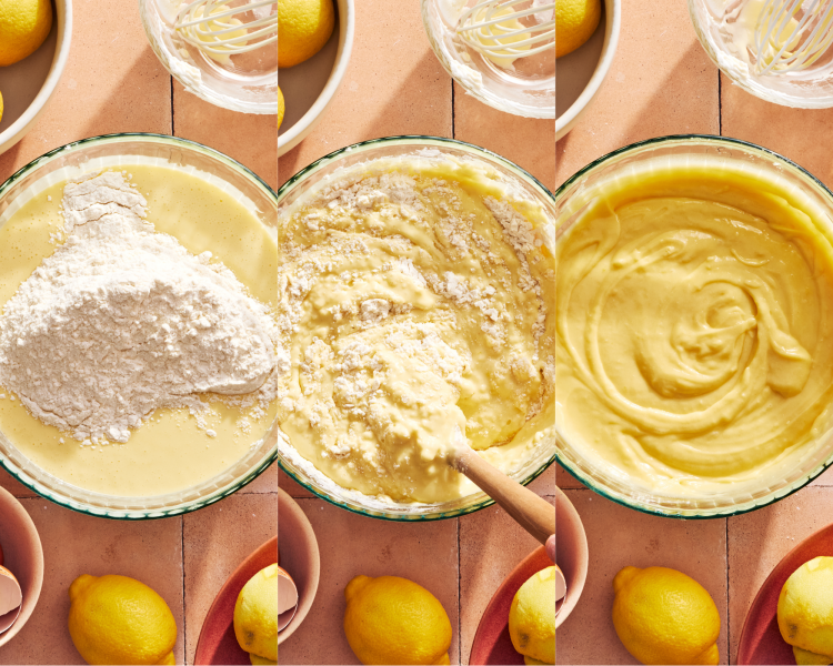 Three images side-by-side showing how to add the dry ingredients to the wet ingredients.