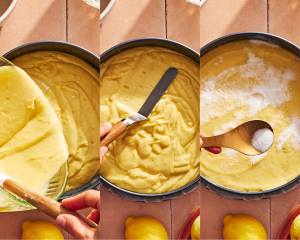 Side-by-side of pouring the batter into a pan, smoothing the top and adding 1-2 Tbsp. of granulated sugar.