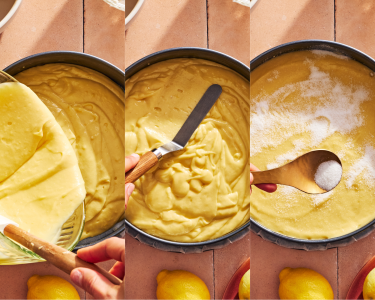 Side-by-side of pouring the batter into a pan, smoothing the top and adding 1-2 Tbsp. of granulated sugar.