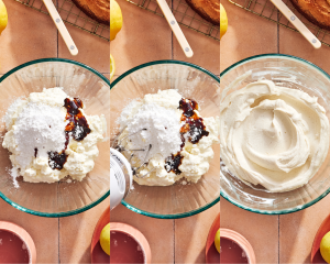 Three images showing how to combine the ingredients for the whipped ricotta topping.