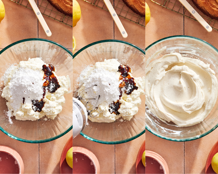 Three images showing how to combine the ingredients for the whipped ricotta topping.