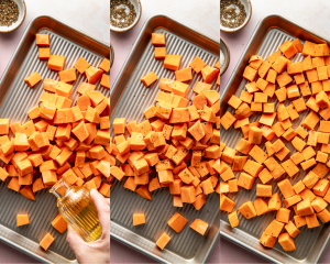 Three images side-by-side showing how to season the sweet potatoes before adding to the air fryer.