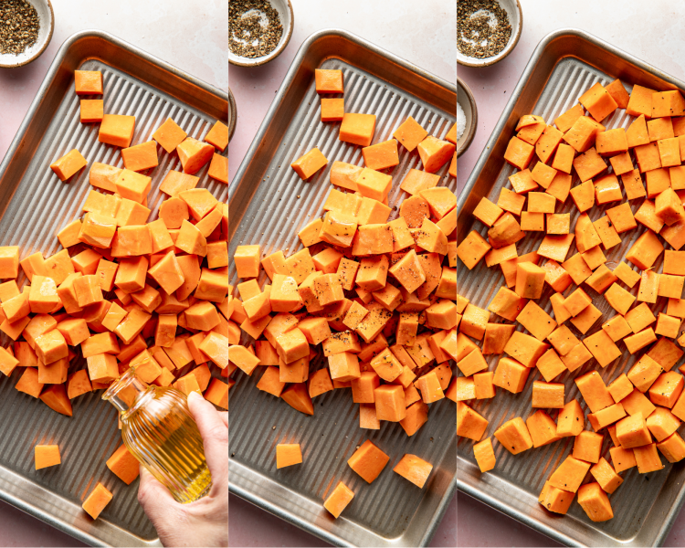 Three images side-by-side showing how to season the sweet potatoes before adding to the air fryer.