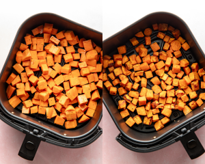 Side-by-side phot of placing diced sweet potatoes in the air fryer and cooking for 15 mins.