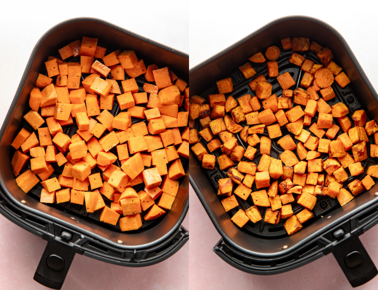 Side-by-side phot of placing diced sweet potatoes in the air fryer and cooking for 15 mins.