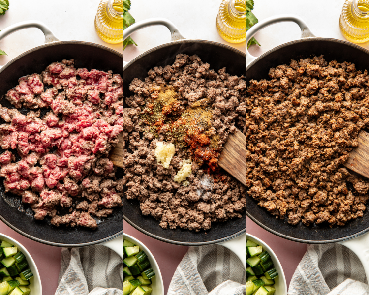 Three images side-by-side showing cooking the ground beef in a skillet and adding seasonings and garlic.