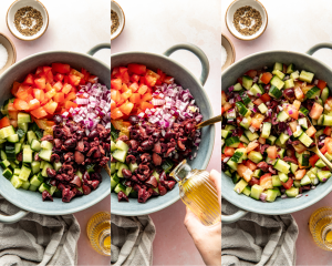 Three images side-by-side showing how to make the cucumber tomato salad.