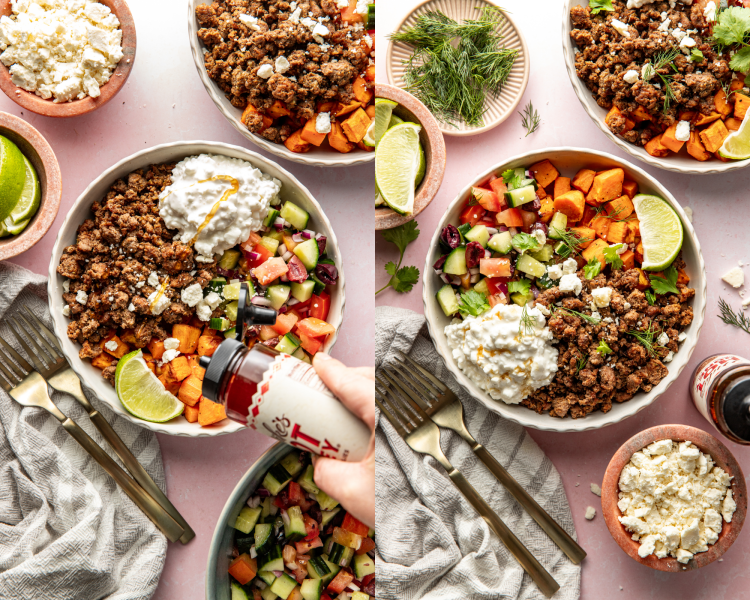 Side-by-side image of drizzling hot honey over mediterranean ground beef bowls then garnishing with fresh herbs to serve.