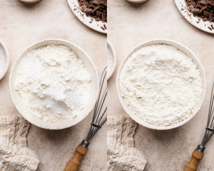 Side-by-side image of whisking dry ingredients together in a bowl.
